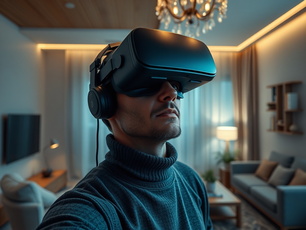 Человек в наушниках и VR-очках, погружённый в виртуальную реальность в уютной комнате.