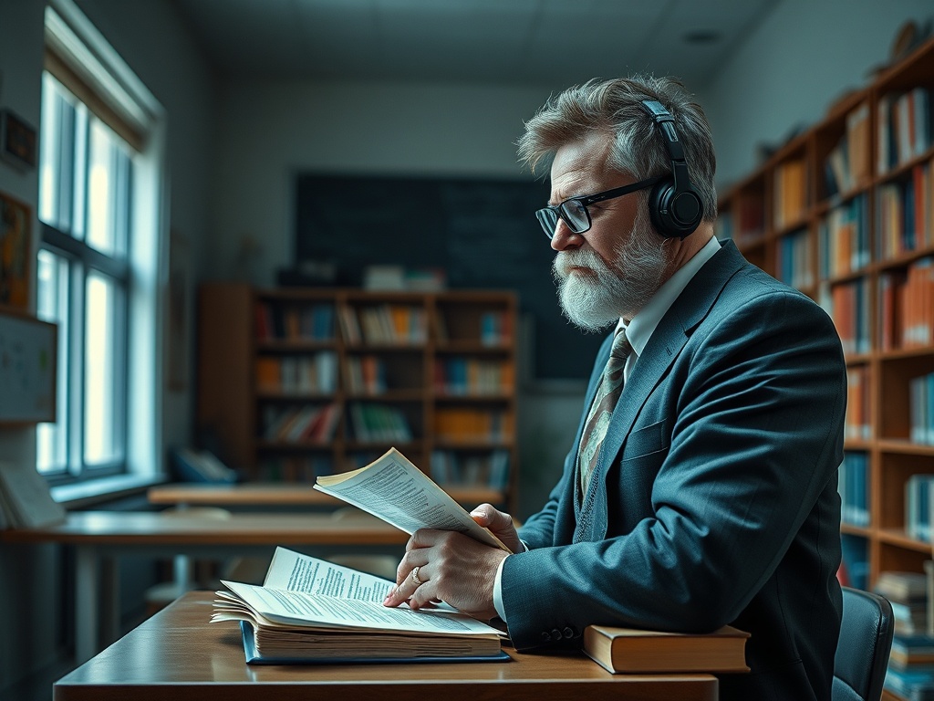 Пожилой мужчина в костюме и наушниках читает книгу в библиотеке. Позади полки с книгами.