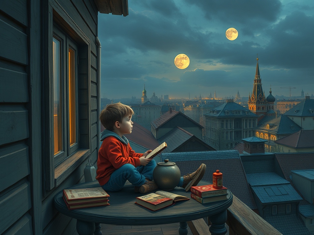 Мальчик читает книгу на балконе, наслаждаясь видом на город с двумя луными ночами.