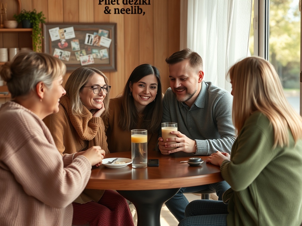 Компания друзей за столом в кафе, смеются и наслаждаются напитками. Уютная атмосфера, солнечный день.