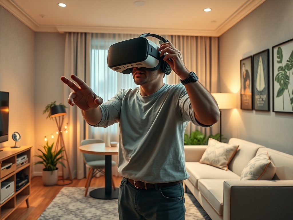 Человек в виртуальной реальности управляет действиями, одетый в VR-гарнитуру в уютной комнате.