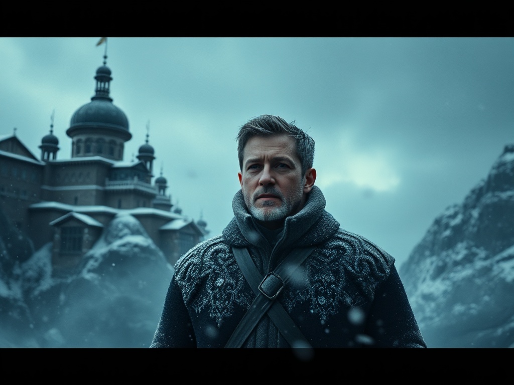 На фоне зимнего пейзажа стоит человек в теплой одежде рядом с величественным замком.