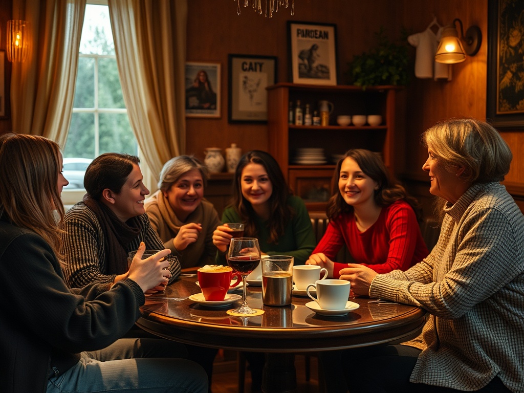 Группа из шести женщин за круглым столом, наслаждающихся беседой и напитками в уютном помещении.