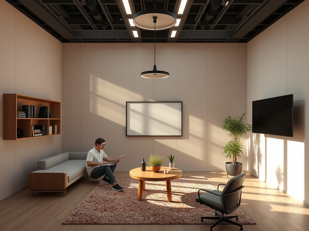 Современный офис с уютной зоной отдыха, диваном и круглым столом. Человек читает книгу при естественном освещении.