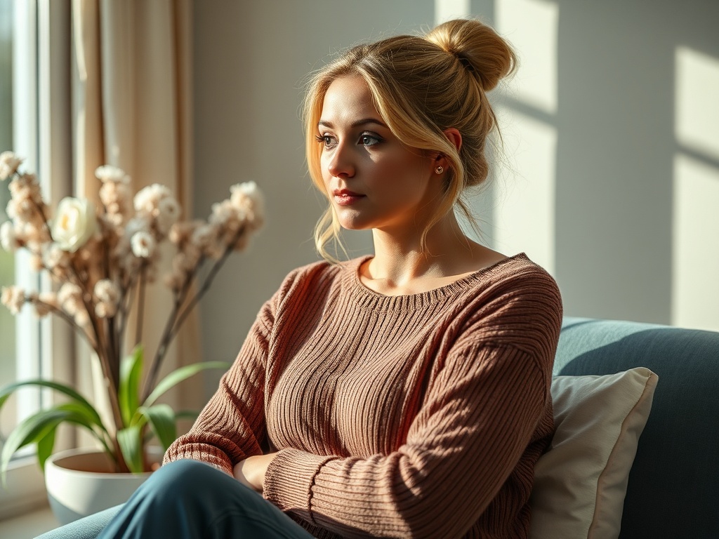 Молодая женщина сидит на диване, смотрит в окно, солнечный свет освещает её лицо. В комнате цветы.