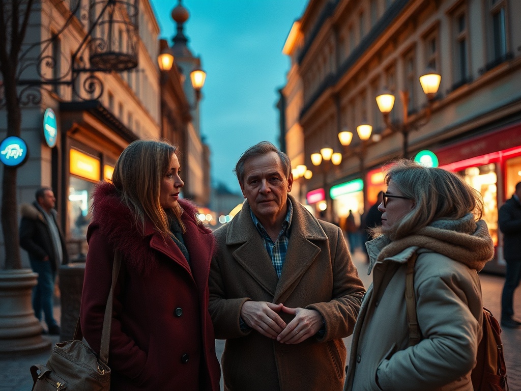 На улице вечером три человека обсуждают что-то, вокруг магазины и уличные фонари.