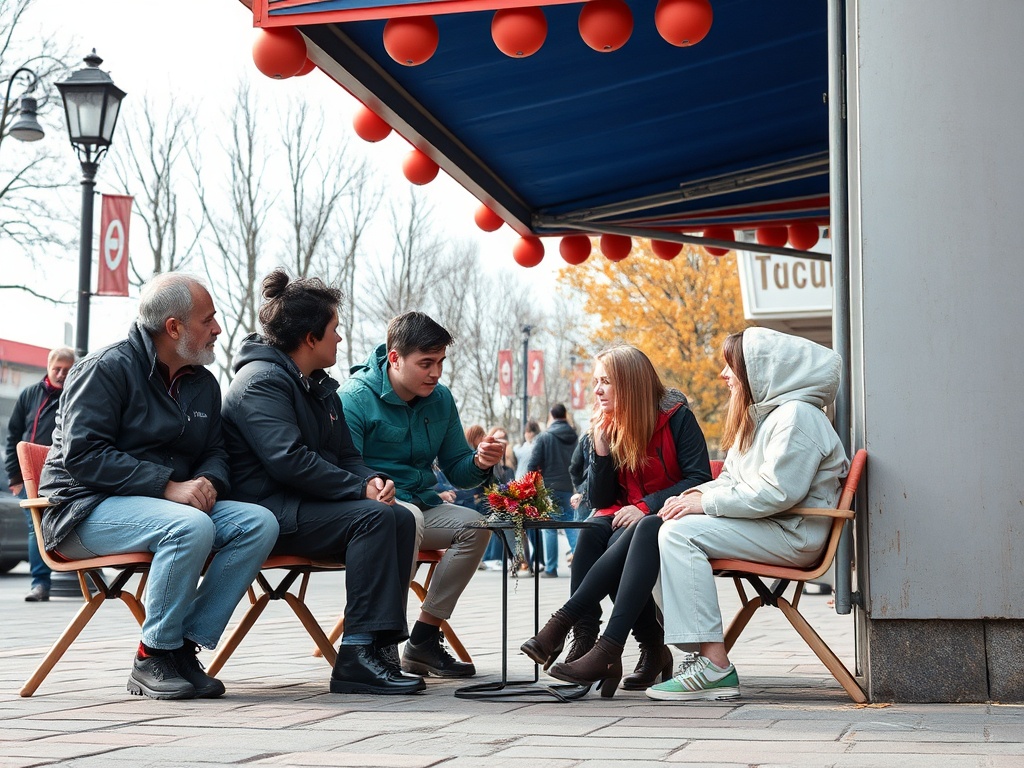 На улице группа из пяти человек общается за столиком под фонарями и навесом. Осень, листья желтые.