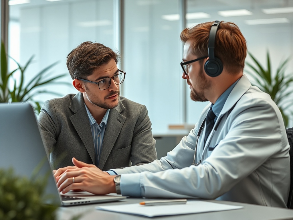 Два человека в офисе обсуждают, один из них в белом халате, другой в строгом костюме.