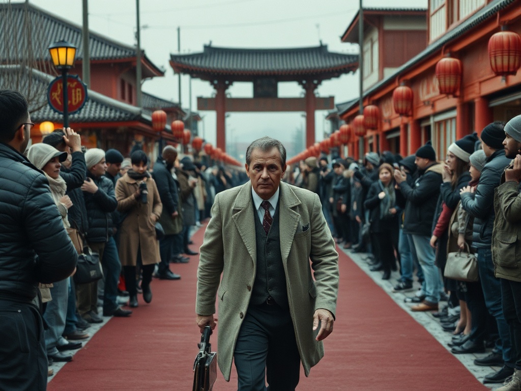 На улице между зданиями мужчина в пиджаке идет по ковровой дорожке, зрители наблюдают за ним.