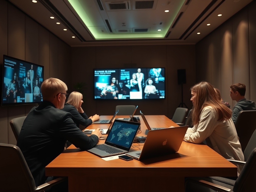 В конференц-зале несколько людей работают на ноутбуках, на экране – итоговые показатели и графики.