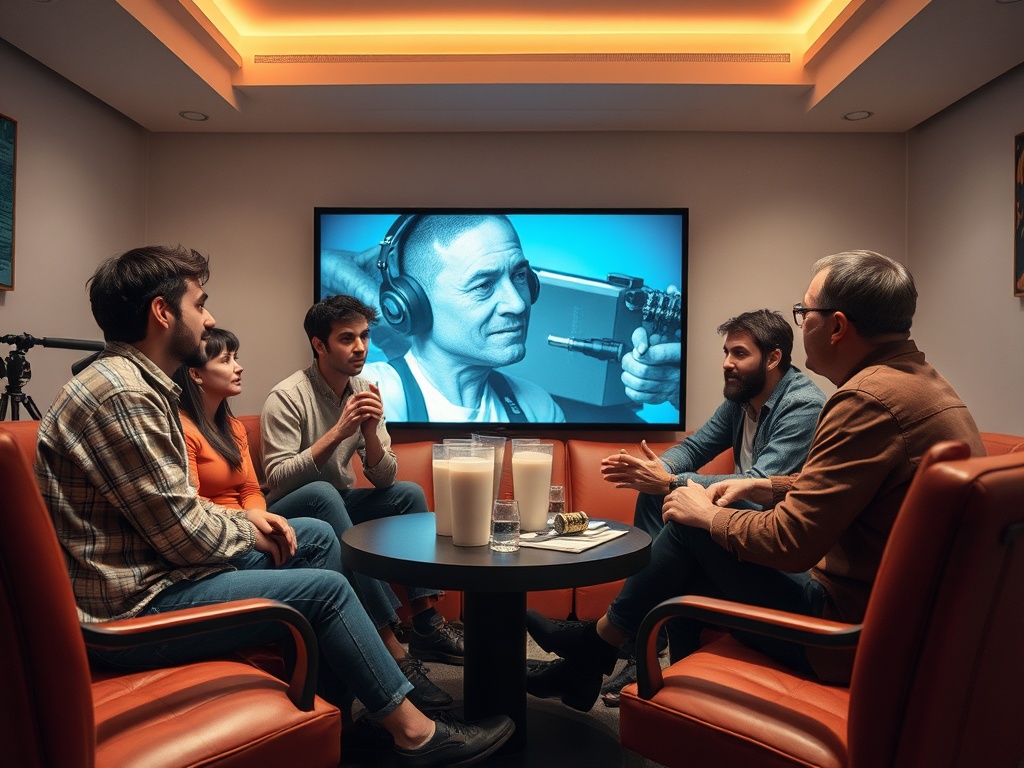 Группа людей обсуждает идеи, на стене экрана изображение человека с наушниками. Обстановка уютная.