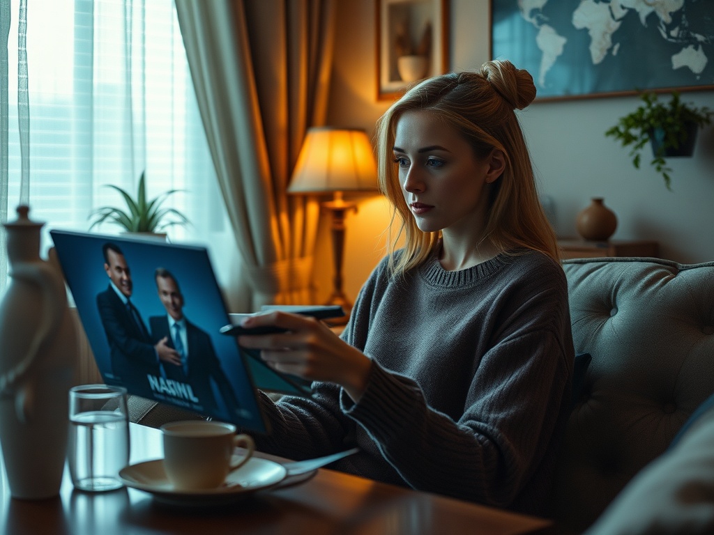 На изображении девушка смотрит на экран ноутбука с фотографией двух мужчин в деловых костюмах.