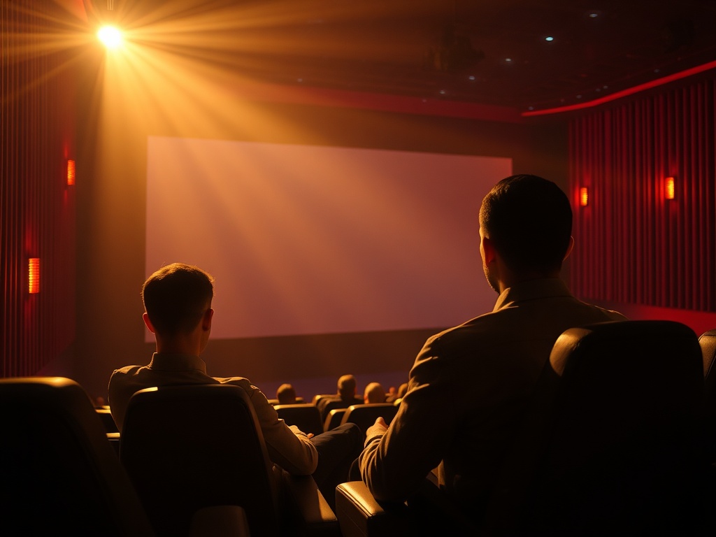 Два человека сидят в кинотеатре, светит прожектор, экран пустой. Атмосфера ожидания фильма.