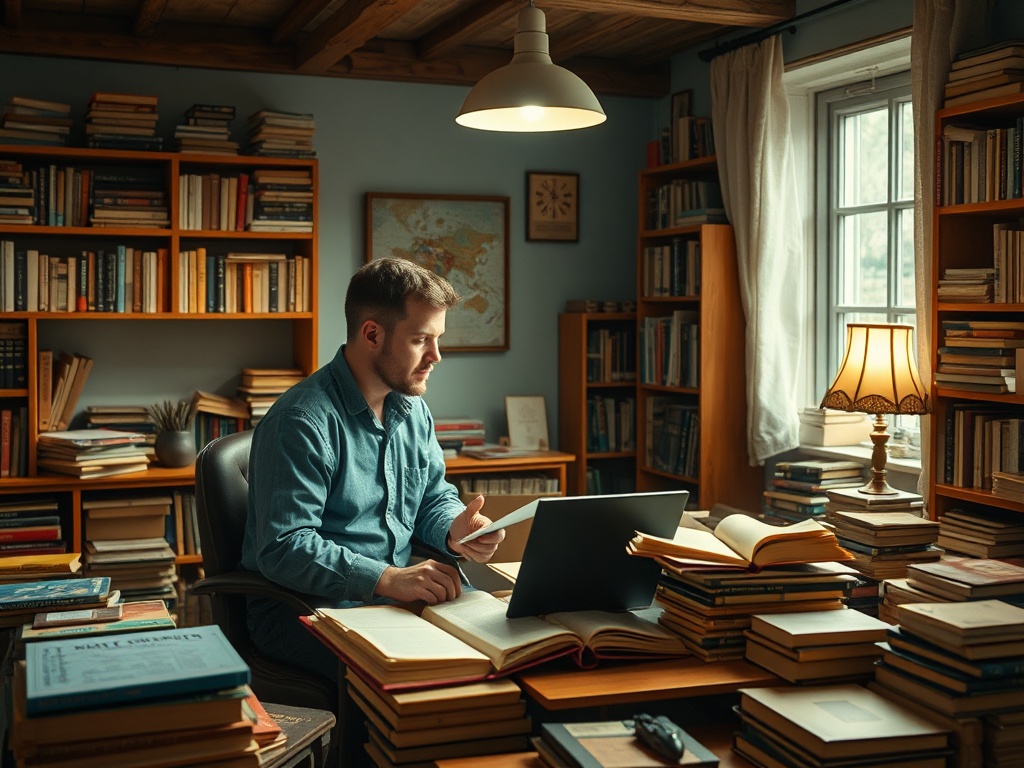 Мужчина работает за столом с ноутбуком, окружённый книгами в уютной библиотеке.