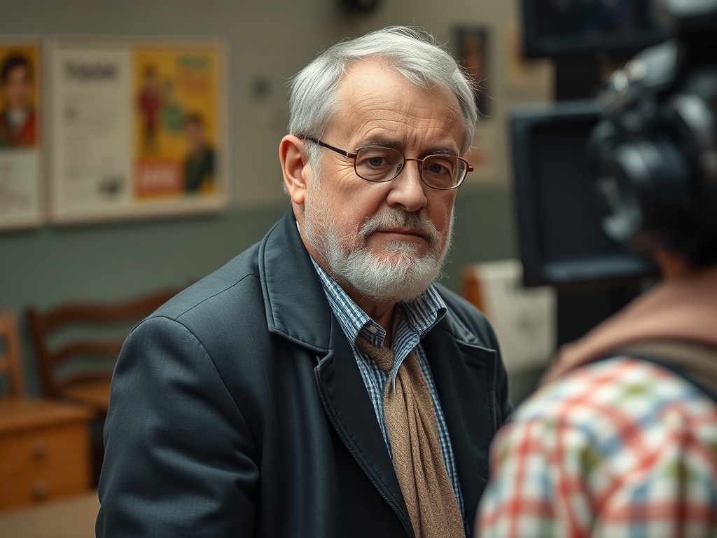 Пожилой мужчина с бородой и очками, смотрит в камеру, на заднем плане плакаты и просьбы о помощи.