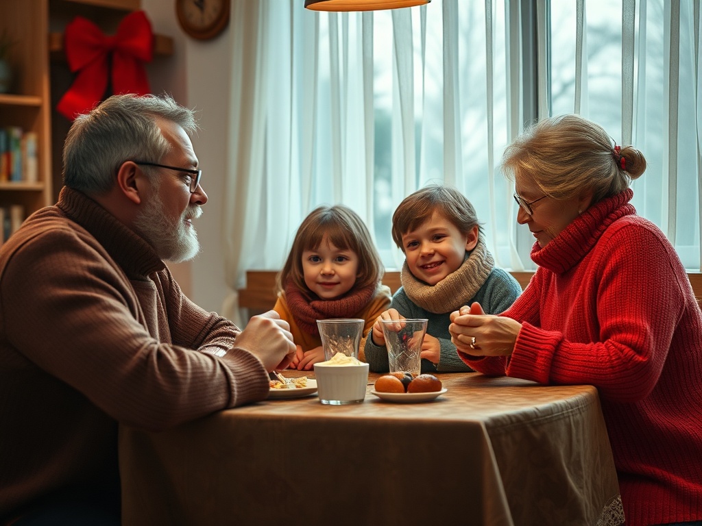 Семья наслаждается временем вместе за столом, смеясь и общаясь в уютной атмосферe зимнего утра.