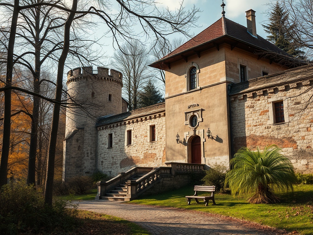 Старинный замок с башней и садом на фоне осенних деревьев и голубого неба. 
