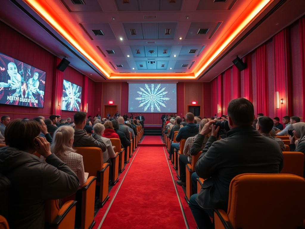 Зал с людьми на мероприятии, экраны с изображениями, освещение в красных и оранжевых тонах.