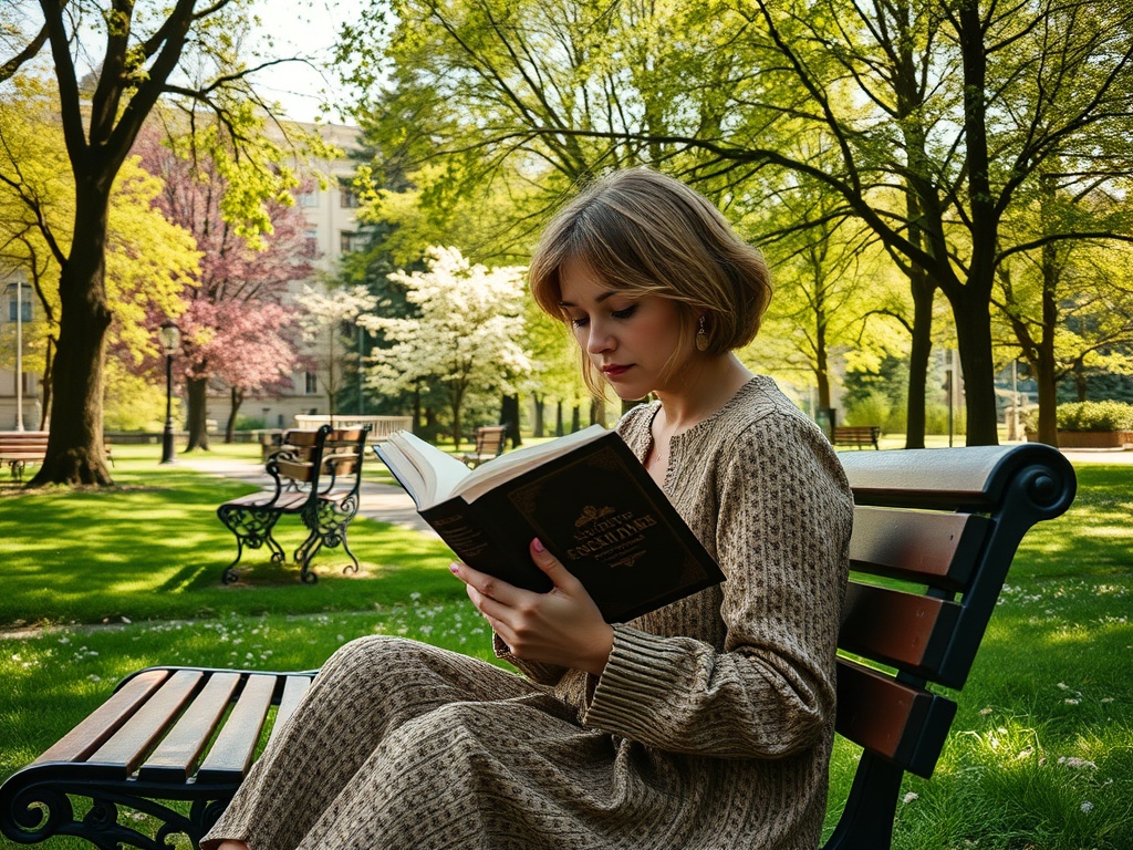 Девушка читает книгу на скамейке в парке с зелеными деревьями и цветущими кустами.