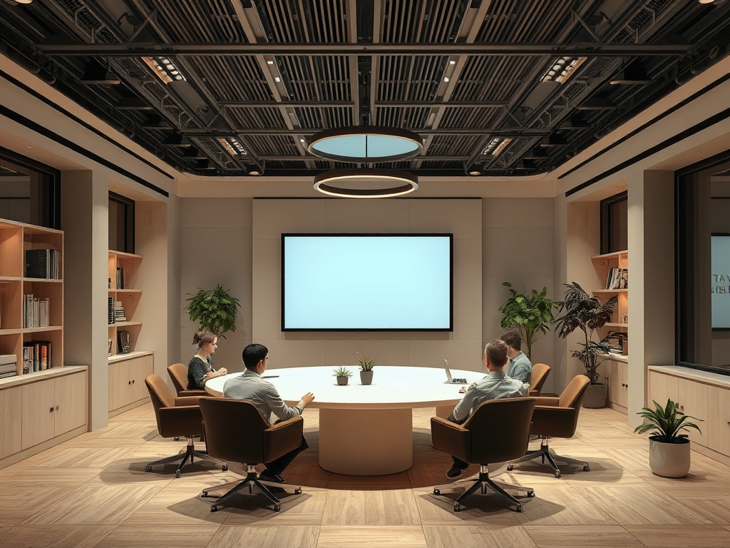 Современный офис для встреч с четырьмя участниками и пустым экраном на стене. Растения и книжные полки.