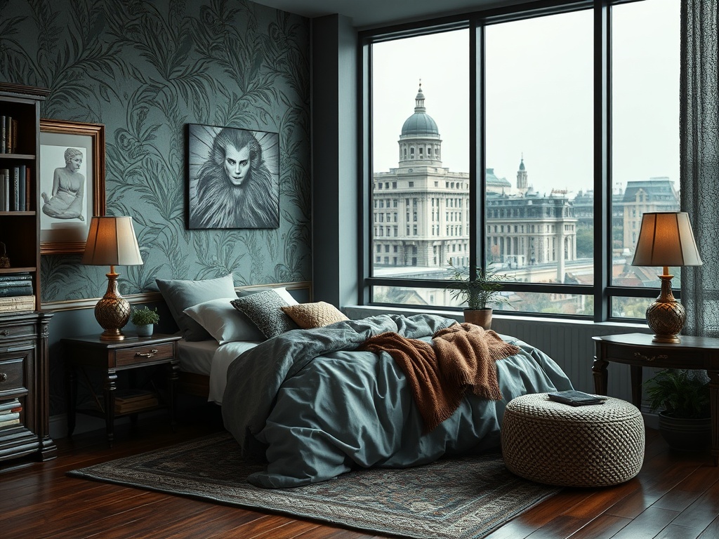 Современная спальня с большими окнами, мягкой мебелью и видом на город, стильный интерьер в тёмных тонах.