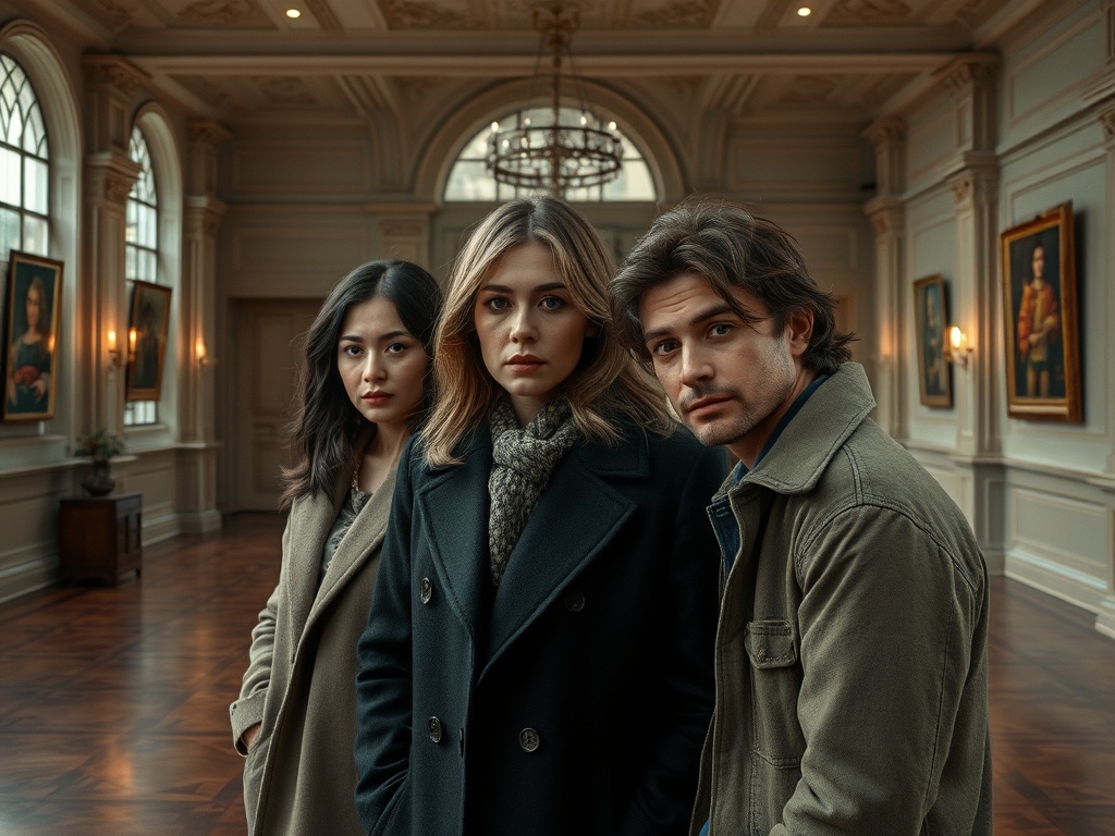 На изображении трое молодых людей стоят в роскошном интерьере с большими окнами и портретами на стенах.