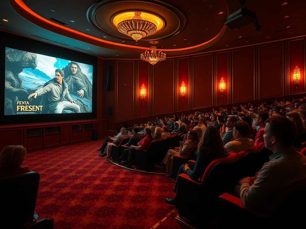 В зале кинотеатра люди смотрят на большой экран, проигрывающий фильм с впечатляющей графикой.