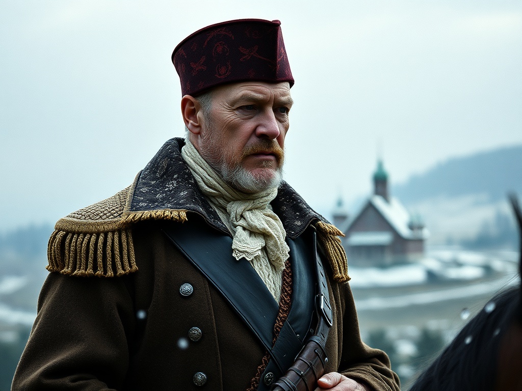 На изображении мужчина в исторической одежде, с бородой и фуражке, стоит на фоне зимнего пейзажа.
