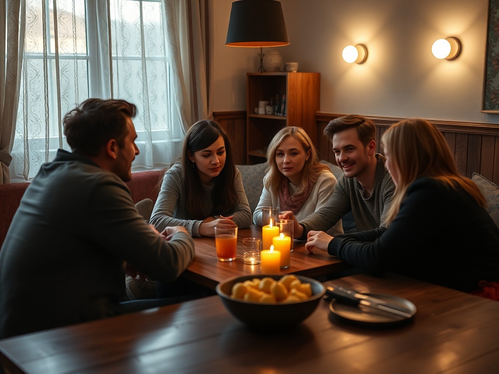 Группа людей обсуждает что-то важное за столом при свечах и с напитками. На столе также лежат фрукты.