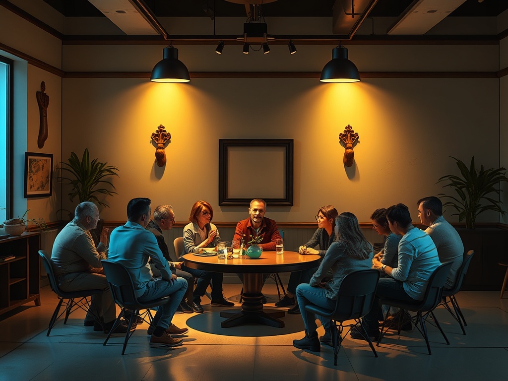 Группа людей обсуждает что-то за круглым столом в комнате с мягким светом. Атмосфера напряженная и серьезная.