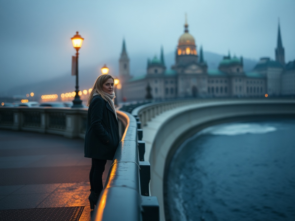 Женщина стоит на мосту в туманный вечер, рядом с рекой и освещенным зданием на фоне.