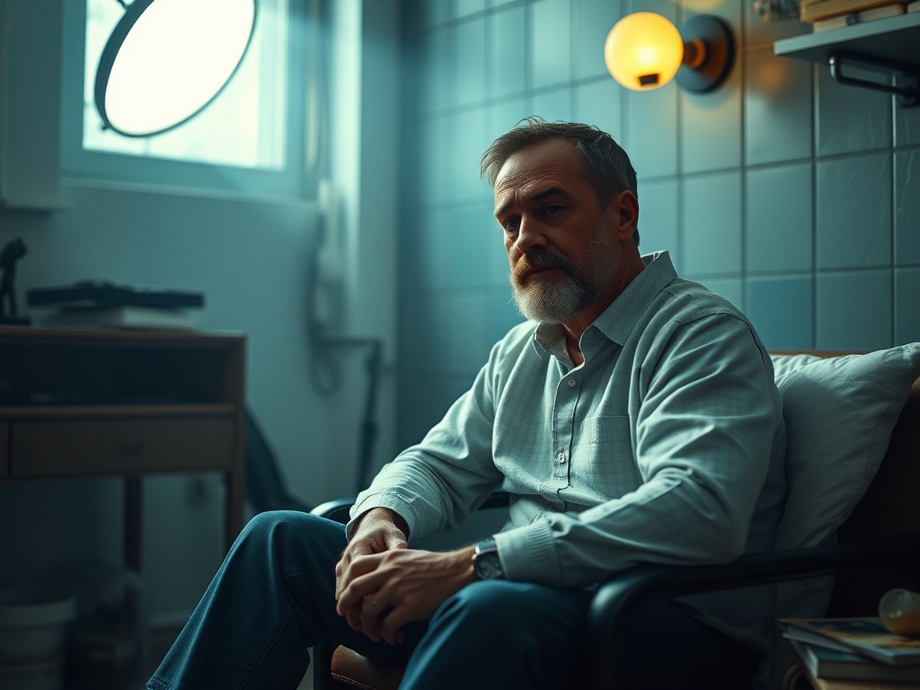 Мужчина с седой бородой сидит в кресле в светлом помещении, задумчиво смотрит в окно.