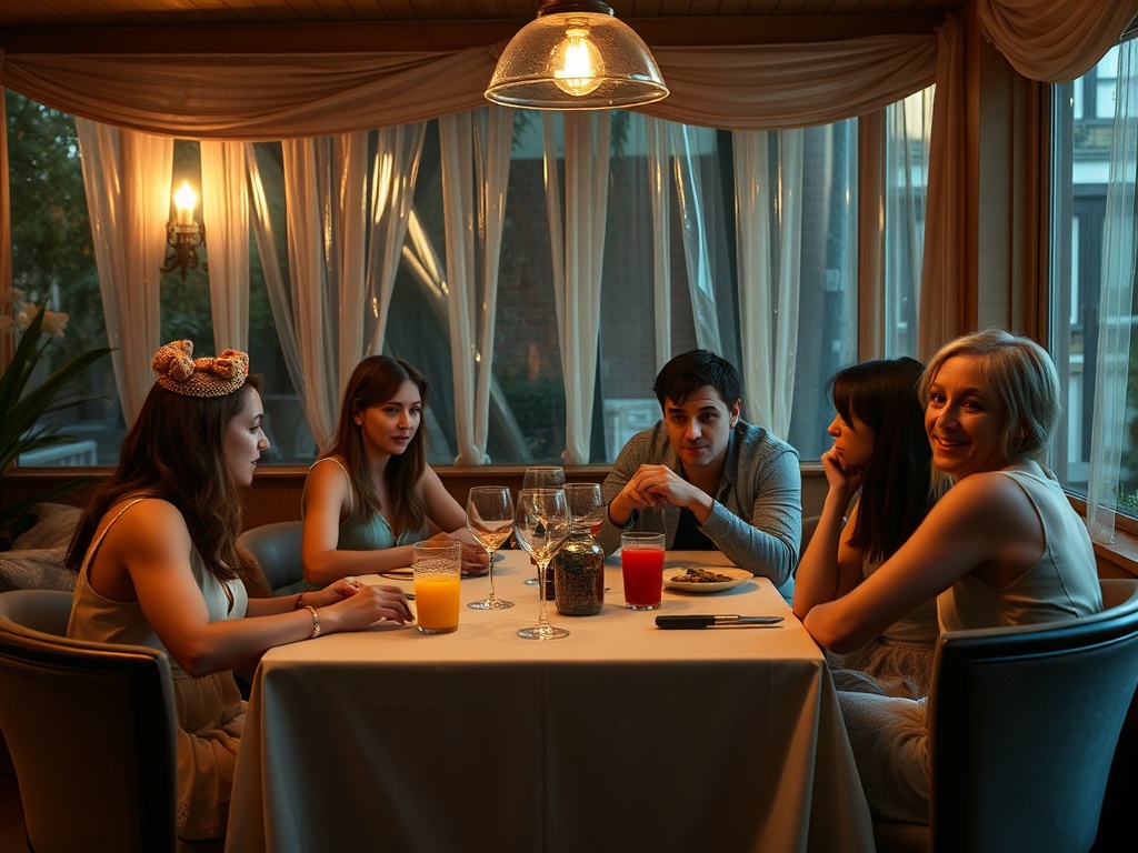 Компания из пяти человек за столом, наслаждающиеся напитками и едой в уютном интерьере.