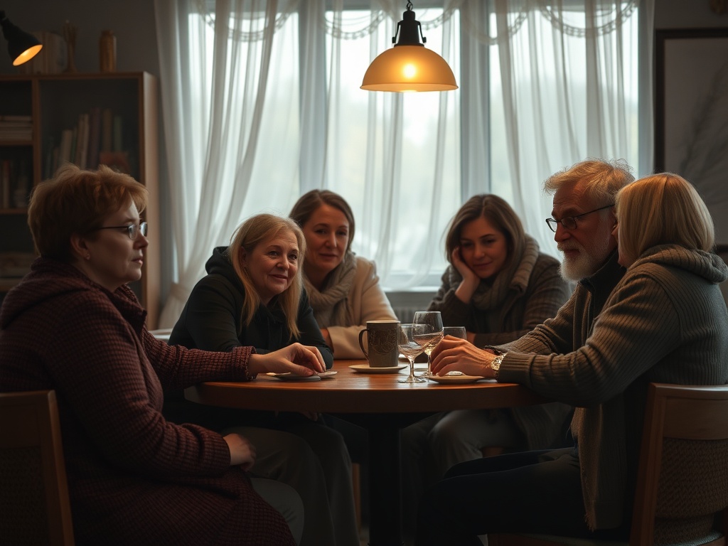 Группа людей, сидящих за столом в уютной кафе, обсуждает что-то важное. Улыбки и внимание друг к другу.