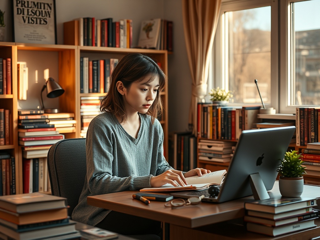 Молодая женщина пишет за столом в библиотеке, окружённой книгами и ярким солнечным светом.
