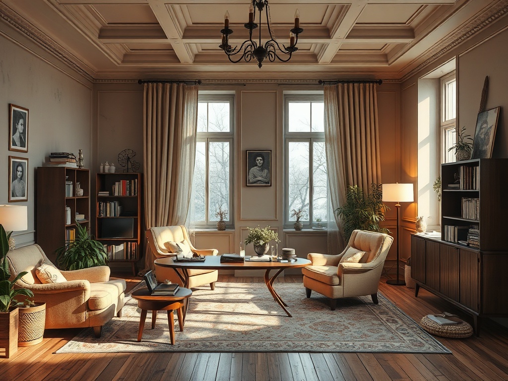 Современная гостиная с мягкой мебелью, книжными полками и большими окнами, освещенная естественным светом.