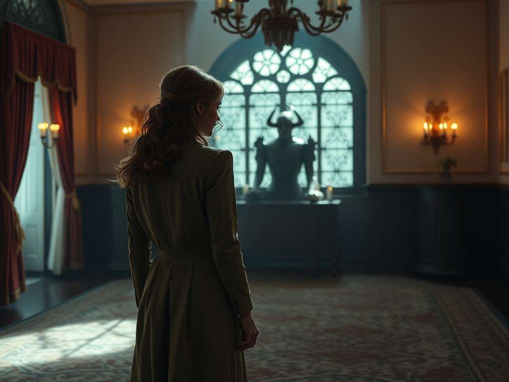 Женщина в зеленом платье стоит спиной к статуе в помещении с мягким освещением и элегантным интерьером.