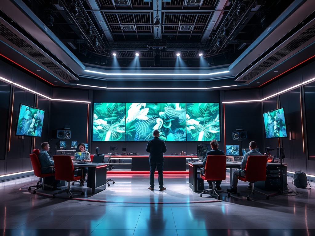 Современ studio для работы с мультимедиа, где группа людей работает за компьютерами и большими экранами.