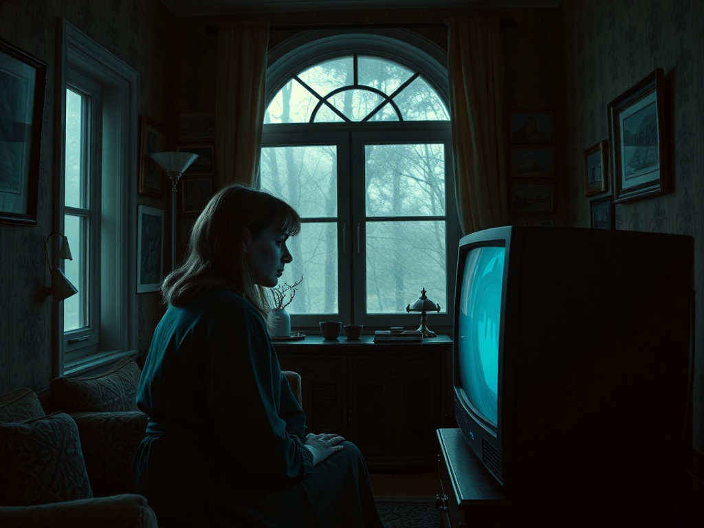 Женщина в халате сидит в темной комнате, смотря на старый телевизор, светящий голубым светом. За окном туман.