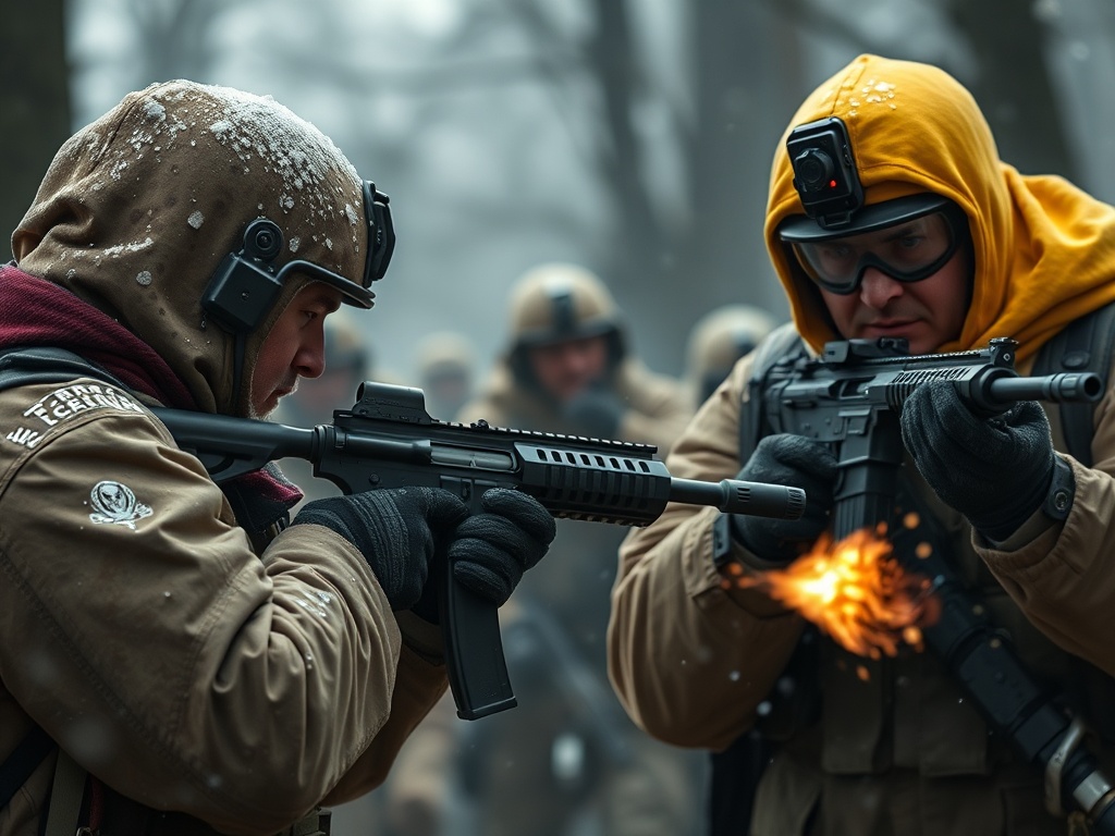 Два человека в военной форме ведут стрельбу в условиях туманного леса. Снег на одежде и оружии.