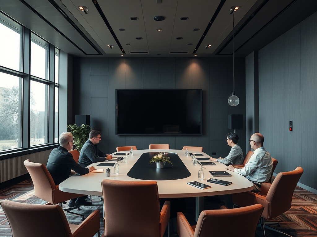 Совещание в современном офисе. Пять человек за столом, на стене большой экран. Светлое и просторное помещение.