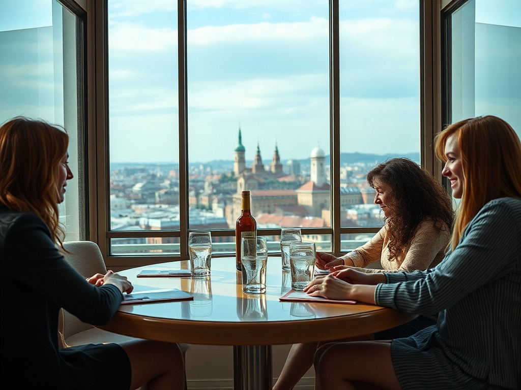 Три женщины обсуждают что-то за столом с видом на город через стеклянные окна. На столе вода и бутылка.