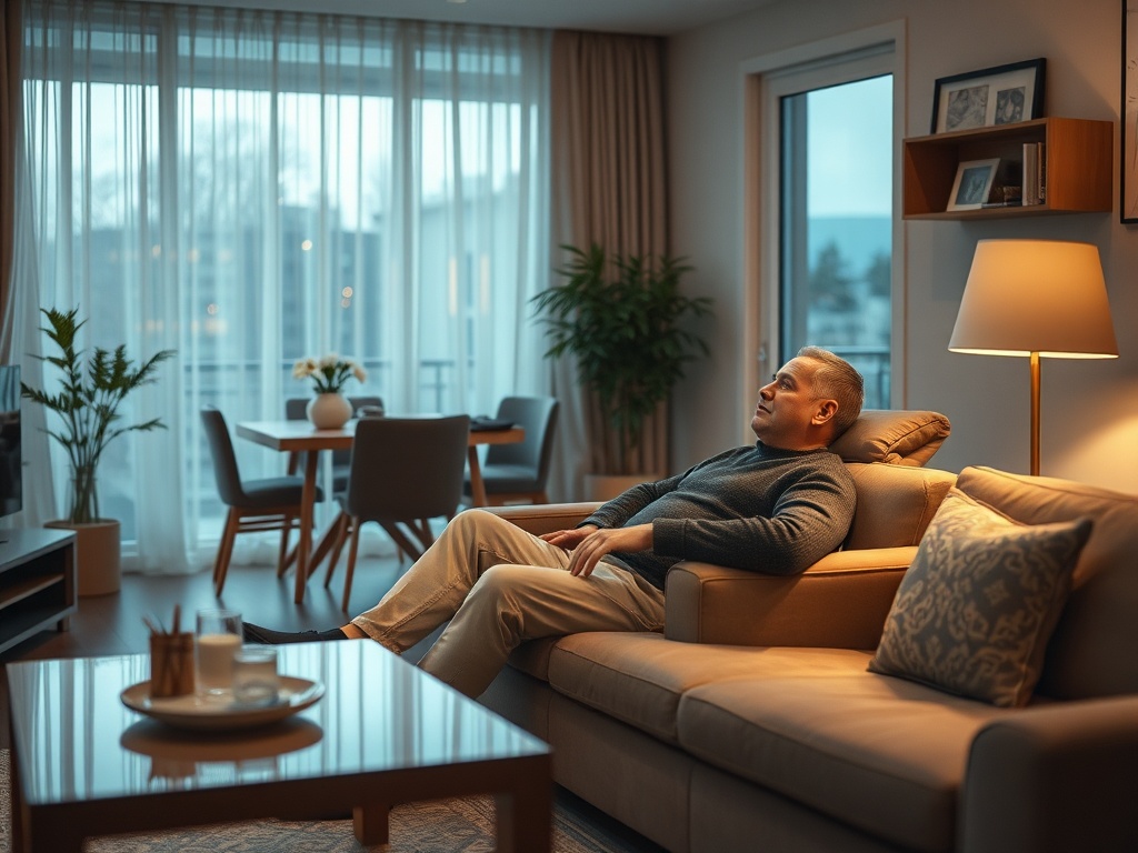 Мужчина расслабляется на диване в уютной квартире при мягком свете, обдумывая что-то важное.