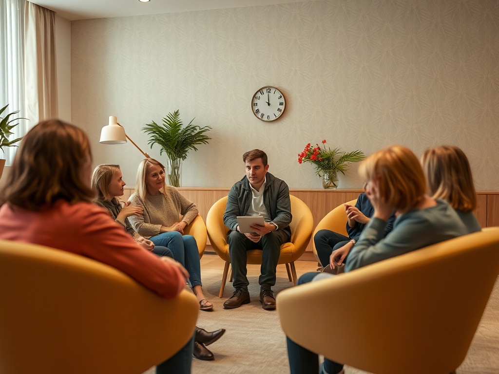 Группа людей обсуждает идеи в уютном помещении с удобными креслами и зелеными растениями.