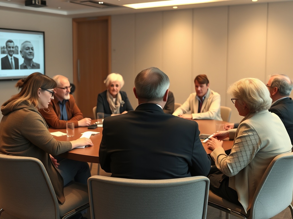 Встреча группы людей за круглым столом, обсуждающих идеи, на экране видны портреты.