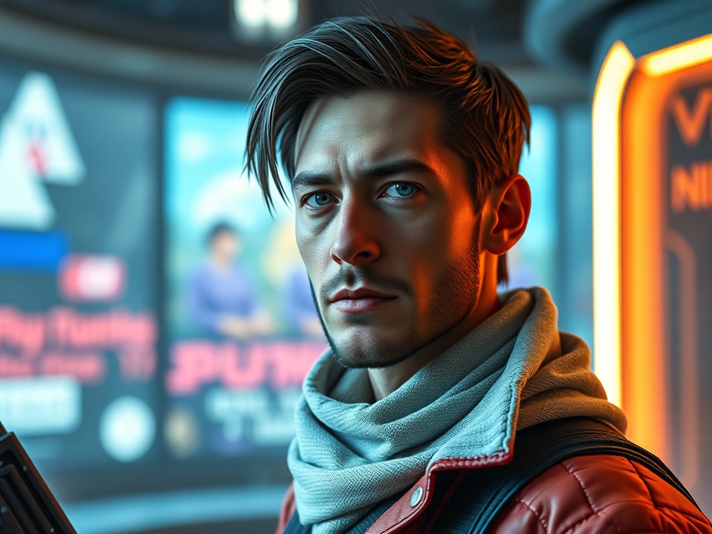 Молодой человек с короткими волосами и красной курткой стоит на фоне ярких огней. Его взгляд серьезен и сосредоточен.