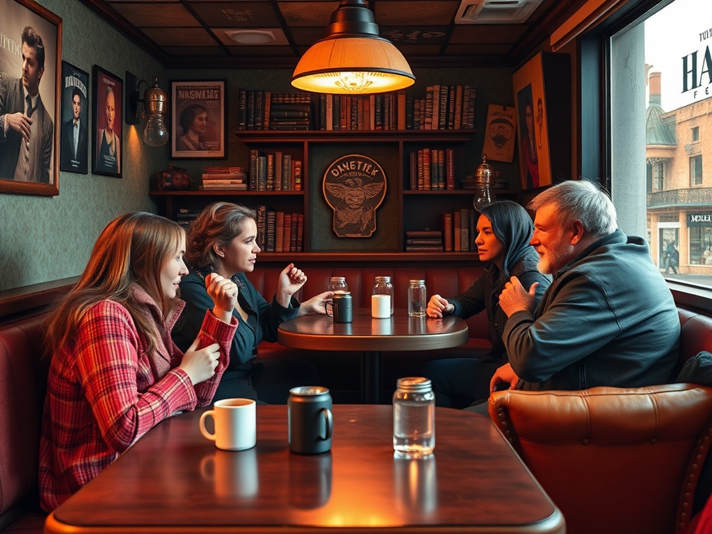 Четыре человека обсуждают что-то в уютной кафейне, окруженные книгами и фотографиями на стенах.