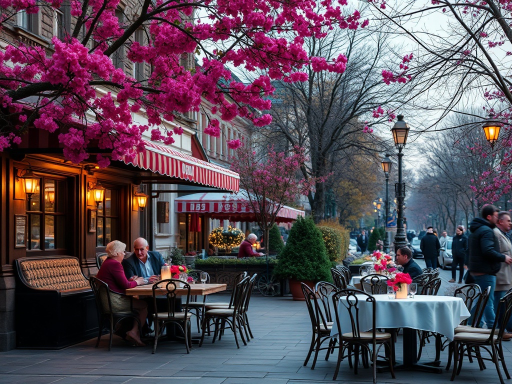 Уютный ресторан на улице с цветущими деревьями, столики на свежем воздухе, вечерняя атмосфера.