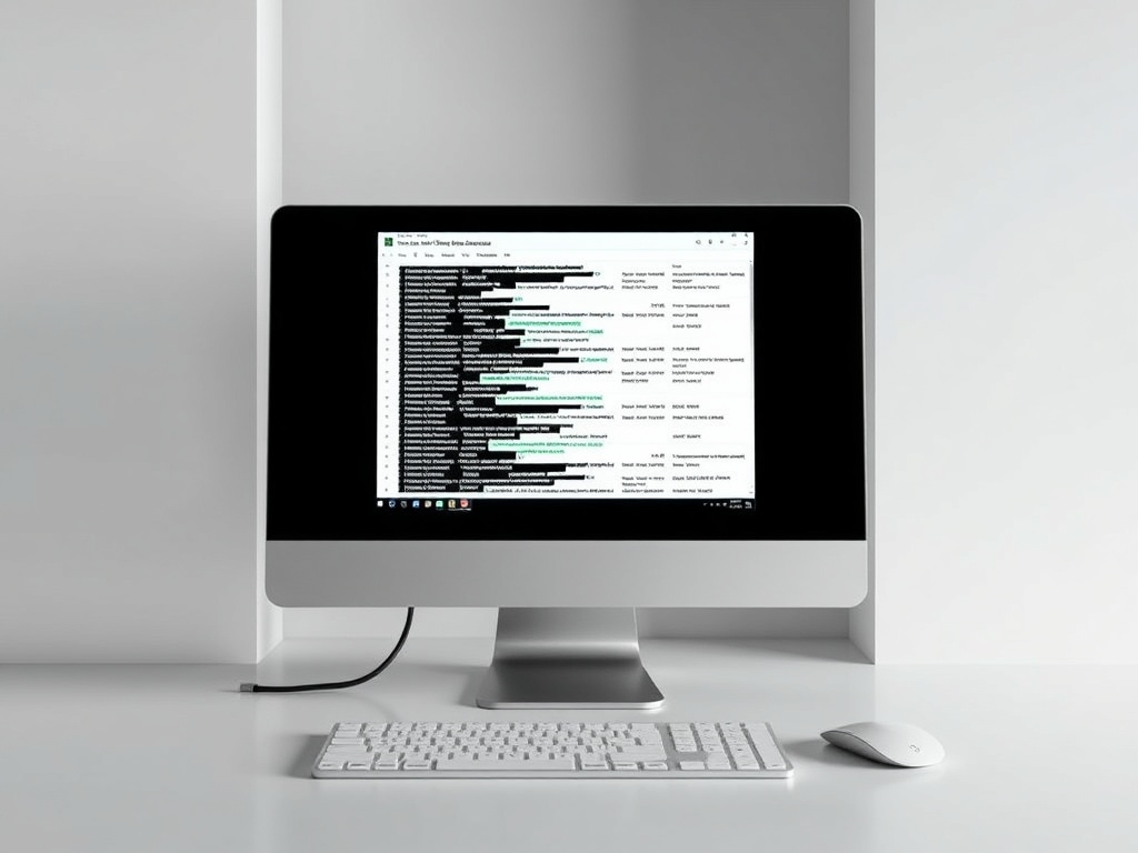 На экране компьютера открыта таблица с данными и черными полосами для конфиденциальности информации.