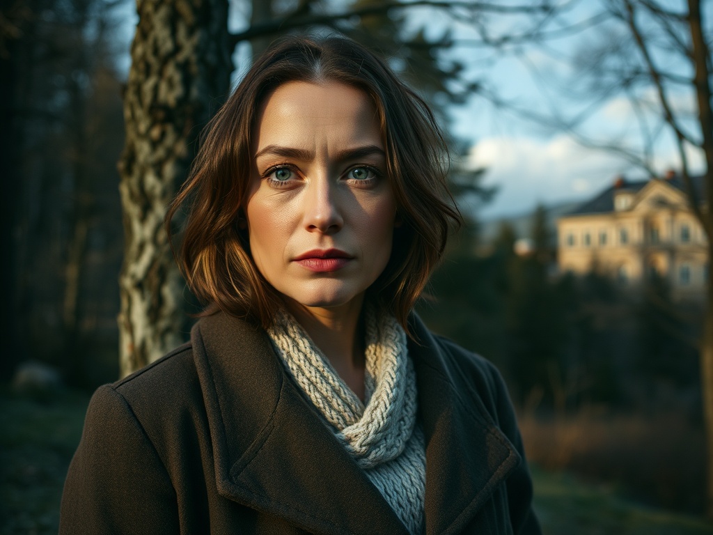 На изображении: женщина с короткими каштановыми волосами и серьёзным выражением лица на фоне природы.